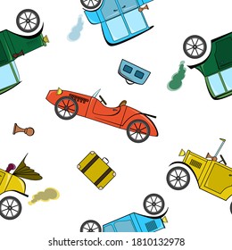 Seamless pattern with retro automobiles and suitcases in cartoon style on white background.