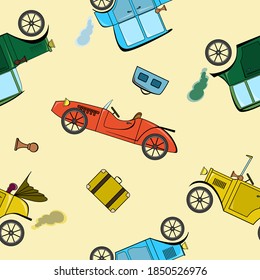 Nahtloses Muster mit Retro-Autos und Koffern im Cartoon-Stil auf beigem Hintergrund.