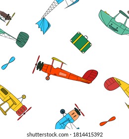 Patrón sin inconvenientes con la aviación retro y maletas en estilo de caricatura sobre fondo blanco.