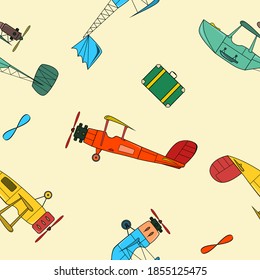 Seamless pattern with retro aviation and suitcases in cartoon style on beige background.