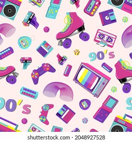 Seamless pattern with retro badges with roller skates, cassette players and other items in colorful  80s-90s. Flat vector illustration.