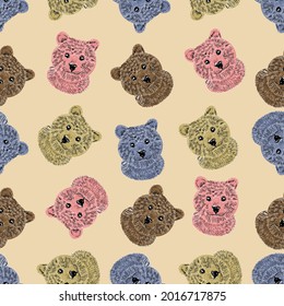 Seamless pattern, retro bears on a beige background. For the design of children's themes.