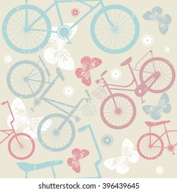 Seamless pattern with retro bicycles and cute butterflies. Template can be used for surface textures, textile, kids cloth and more creative designs.