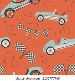 Seamless pattern with retro blue race car on red background. Racing digital background with vector hand drawn elements. Seamless pattern for kids fabric, textile and scrapbook paper.