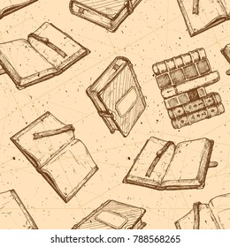 Seamless pattern with retro book on parchment. Vector illustration in vintage engraved style.
