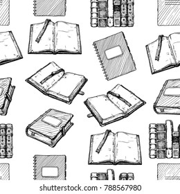 Seamless pattern with retro book. Vector illustration in vintage engraved style.