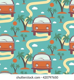 Seamless pattern of retro Bus with surfboard in beach with palms. Vector illustration
