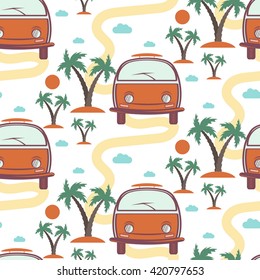 Seamless pattern of retro Bus with surfboard in beach with palms. Vector illustration