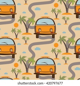 Seamless pattern of retro Bus with surfboard in beach with palms. Vector illustration