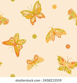 Seamless pattern with retro butterflies and simple flowers. Fluttering insects in summer garden. Boho background with vintage hippie elements. Vector illustration. Nature wallpaper in seventies style