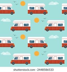 Seamless pattern with retro campers, motorhome caravan.