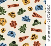 Seamless pattern with retro camping themed badges and quotes. Vector pattern includes tents, pine trees, bears and mountains. 