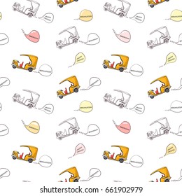 Seamless pattern with retro car in cartoon style. Color and black outline knock knock. Classic car hand drawn pattern. Yellow cuban taxi