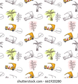 Seamless pattern with retro car in cartoon style. Color and black outline knock knock. Classic car hand drawn pattern. Yellow cuban taxi