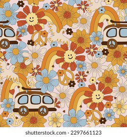 Seamless pattern with retro car, daisy flowers and rainbow. Groovy vibes. Vector illustration.