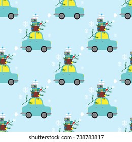 Seamless pattern with retro car with gift boxes and Christmas tree