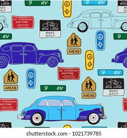 
Seamless pattern from a retro car, motorcycle and road signs