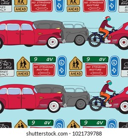 Seamless pattern from a retro car, motorcycle and road signs
