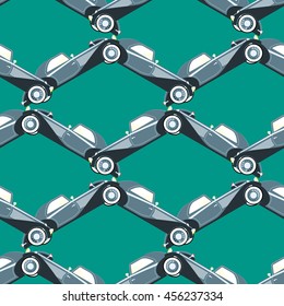 Seamless pattern of retro car on green background. Vector EPS 10.