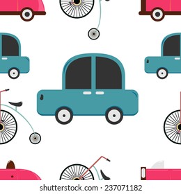 Seamless pattern of retro car and penny farthing.