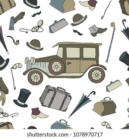 Seamless pattern with retro car and travel accessories.