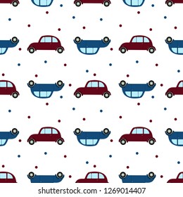 Seamless pattern with retro cars and polka dot. Flat desidn. Illustration can be used for children books, holiday packing, backgrounds.