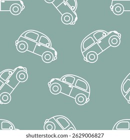Seamless pattern with retro cars in white outline