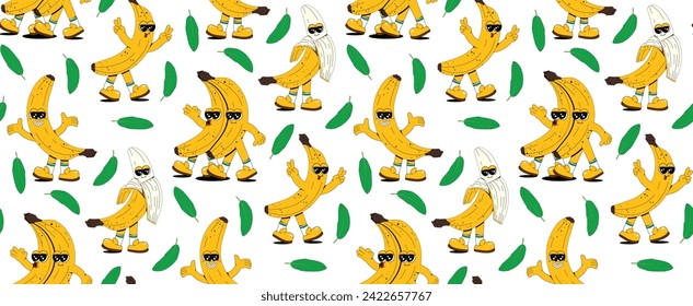 Seamless pattern of retro cartoon banana fruit characters. Modern abstract background with cute banana mascots in different poses and emotions.