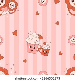 Seamless pattern. Retro cartoon characters cups and Groovy Daisy flowers Power on pink background with hearts. Vector Illustration for wallpaper, design, textile, packaging, decor, kids collection