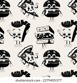 Seamless pattern with Retro cartoon characters in trendy style, mascot characters. Flat vector illustration. Old animation 60s 70s, funny cartoon characters