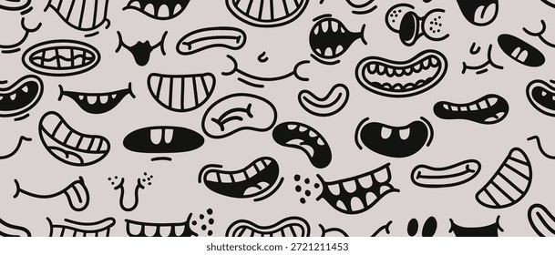Padrão contínuo personagens de desenhos animados retrô bocas engraçadas. Vintage 30s, 50s, 60s animação antiga, elementos de boca cômica. Rostos vetoriais sorridentes, com emoções engraçadas. Logotipo de rostos sem costura emoções felizes e tristes.
