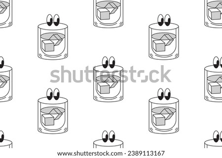 Seamless pattern retro cartoon glass of drink character. Mascot design. Alcoholic beverage, cocktail, mocktail with ice cold. Vintage drink illustration. Vector illustration isolated on background