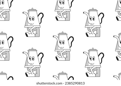 Seamless pattern with retro cartoon kettle character goes happy. Mascot design outline. Cafe store of dishes concept. Vintage drink illustration. Vector illustration isolated on white background