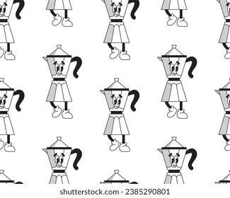 Seamless pattern with retro cartoon pour over coffee maker character happy. Mascot design outline. Coffee at home concept. Vintage drink illustration. Vector illustration isolated on white background