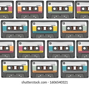 Seamless pattern with retro cassette tapes in doodle style. Vector colorful baclground for music fans.