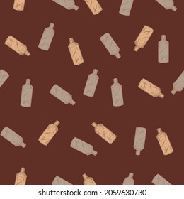 Seamless pattern retro chinese bottle on brown background. Random texture template for menu restaurant. Design vector illustration.