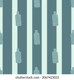 Seamless pattern retro chinese bottle on stripes blue background. Geometrical texture template for menu restaurant. Design vector illustration.