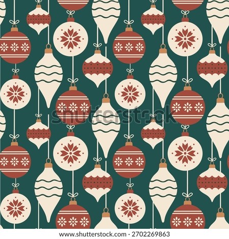 Seamless pattern with retro Christmas ornaments in warm earthy tones on a deep green background. Cozy festive baubles perfect for holiday textiles, gift wrap, stationery, and seasonal decor