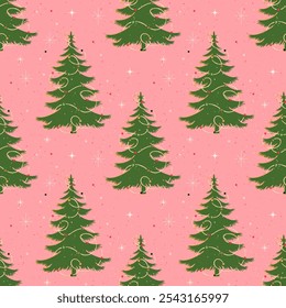 Seamless pattern with a retro Christmas tree. Festive winter pattern with pink background for wrapping paper or textiles.