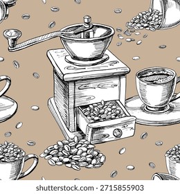 Padrão perfeito com um moedor de café retro, copos de café e grãos. Ilustração vetorial para design de cafeteria, menus, embalagem, design de interiores e impressão de tecidos.