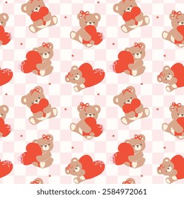 Seamless Pattern Retro Coquette Teddy Bear with Red Heart Cartoon Hand Drawn isolated on background