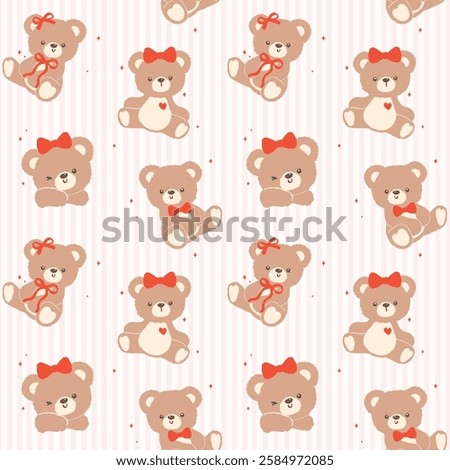 Seamless Pattern Retro Coquette Teddy Bear with Red Bow Cartoon Hand Drawn isolated on background