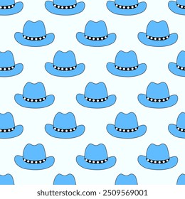Seamless Pattern with retro Cowboy blue hat. Western and wild west theme background. Hand drawn vector flat illustration.