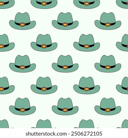 Seamless Pattern with retro Cowboy green hat. Western and wild west theme background. Hand drawn vector flat illustration.