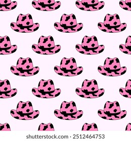 Seamless Pattern with retro Cowgirl pink hat. Cow print. Western and wild west theme background. Hand drawn vector flat illustration.