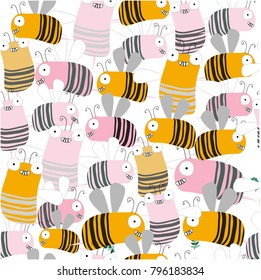Seamless pattern Retro Cute cartoon bee,funny character smile and satisfied, happy vector pattern illustration by freehand draw doodle comic style