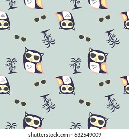 Seamless Pattern of Retro Cute Owl Design for t-shirt, mug, bag lunchbox, wallpaper, wrapper, poster and banner flat design for kids. vector illustration