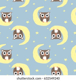 Seamless Pattern of Retro Cute Owl Design for t-shirt, mug, bag lunchbox, wallpaper, wrapper, poster and banner flat design for kids. vector illustration