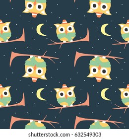 Seamless Pattern of Retro Cute Owl Design for t-shirt, mug, bag lunchbox, wallpaper, wrapper, poster and banner flat design for kids. vector illustration