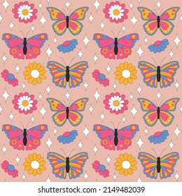 Seamless pattern with retro daisies, butterflies and sparkles. Summer simple minimalist flowers. 70 s style plants. Yellow spring daisy. Colorful background. Vector illustration